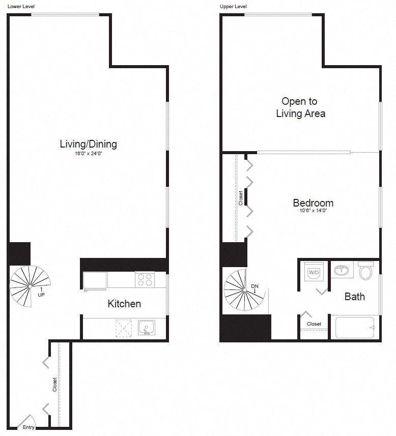 Floor plan for 1 bed, 1.5 baths, 877 sqft